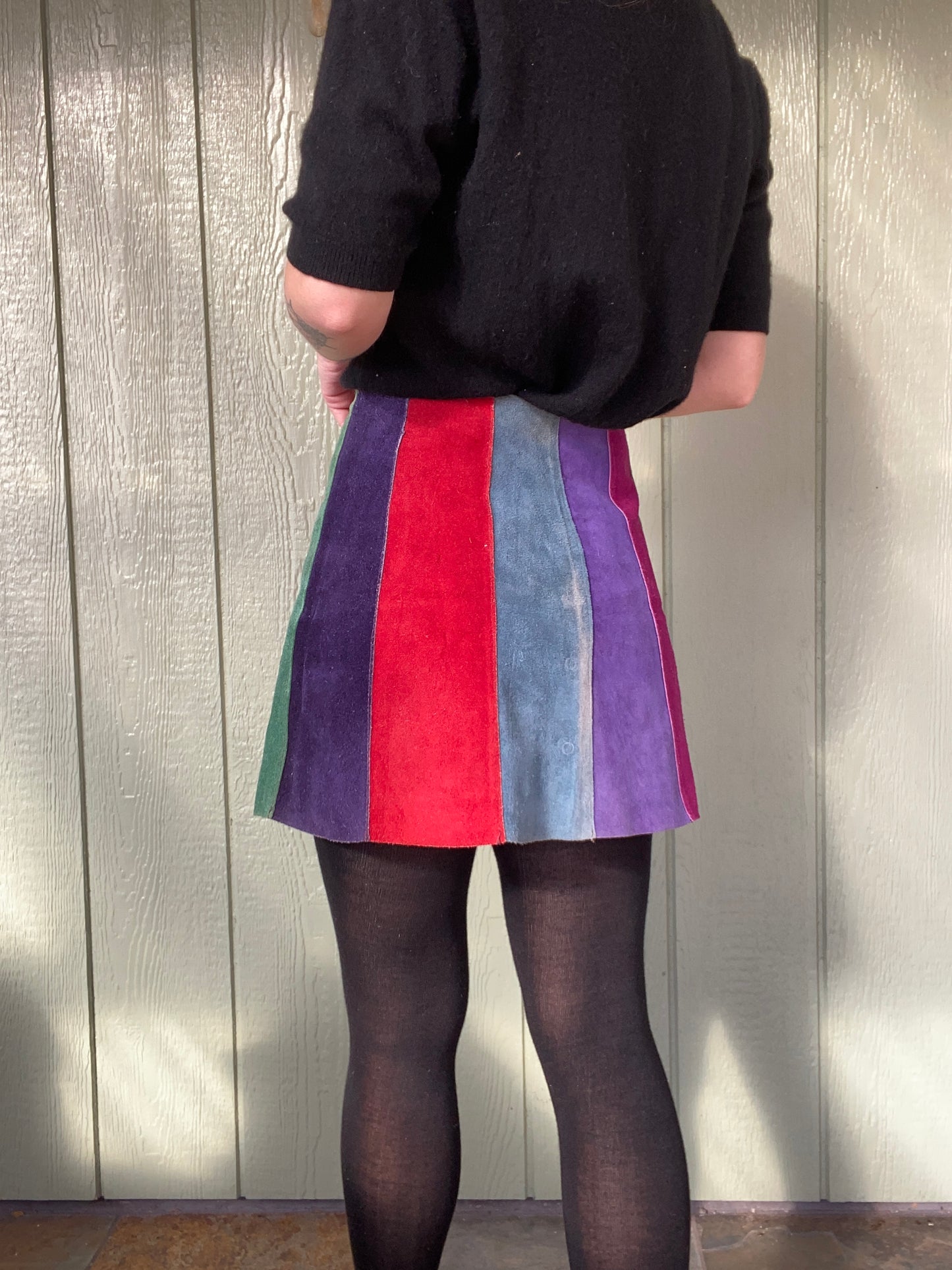 60s 70s colorblock panel suede mini skirt 26” waist