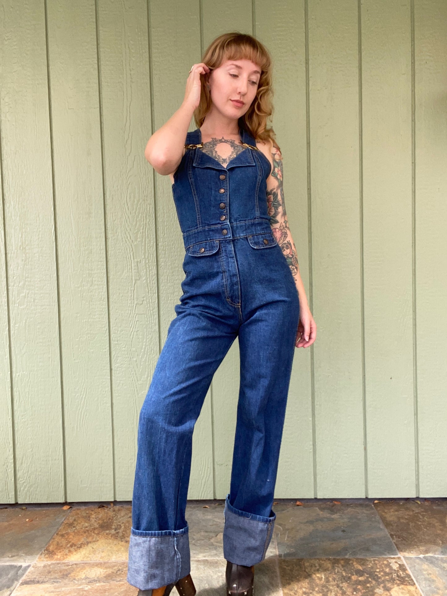 1970’s S.O.B. Denim Overall Jumpsuit Shades Of Blue size 9