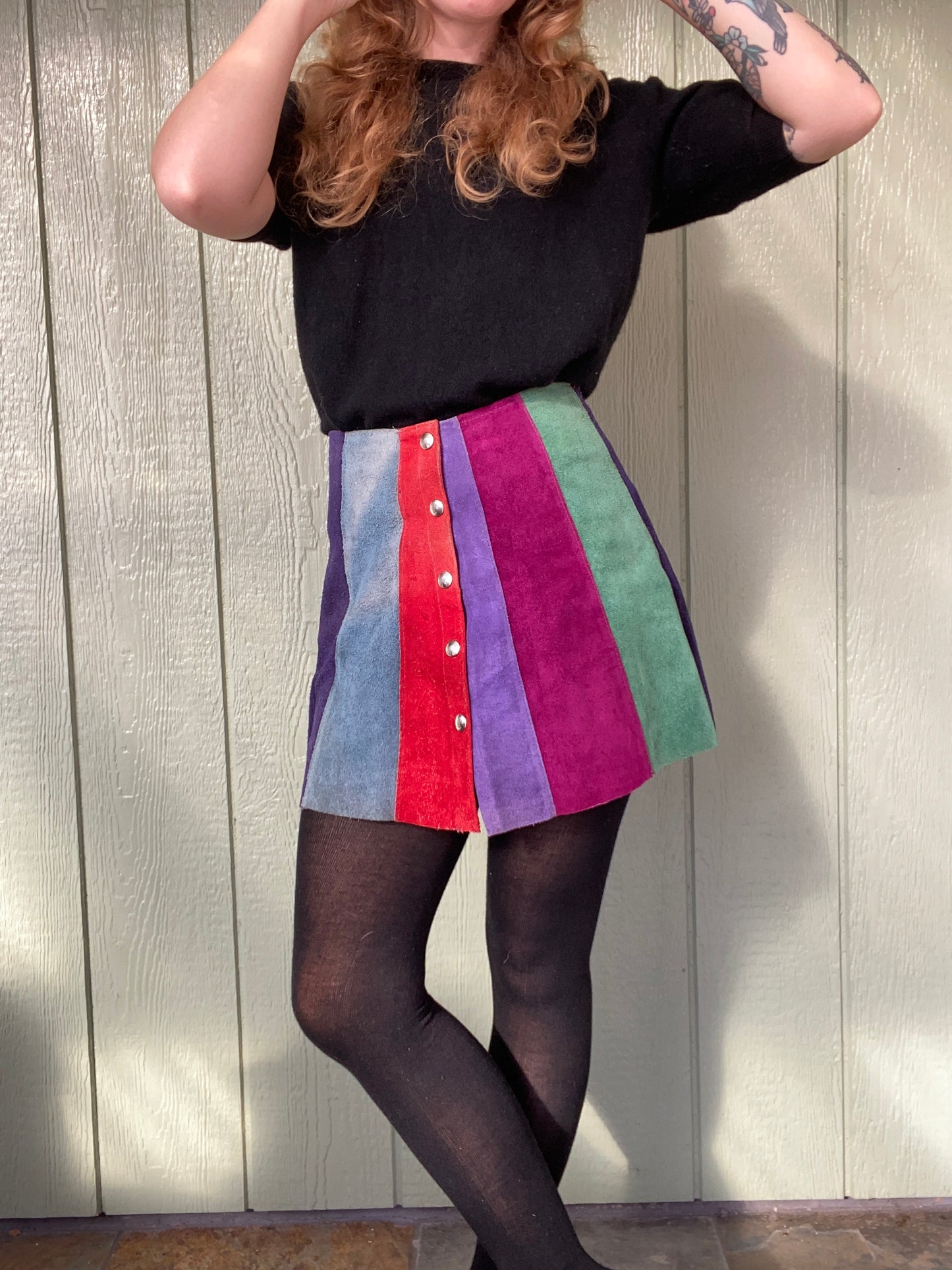 60s 70s colorblock panel suede mini skirt 26” waist