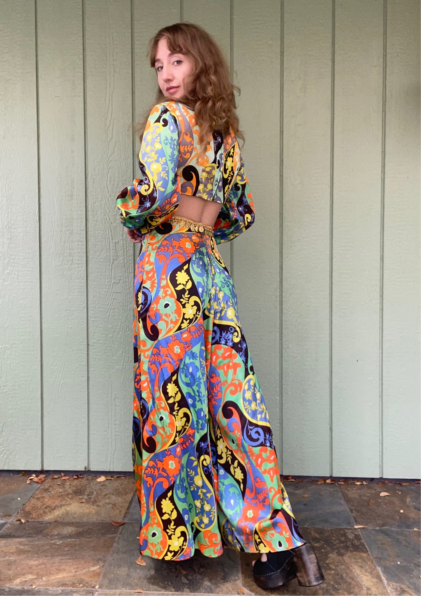 1960s Psychedelic Flower Power 2 piece Palazzo Pant Set