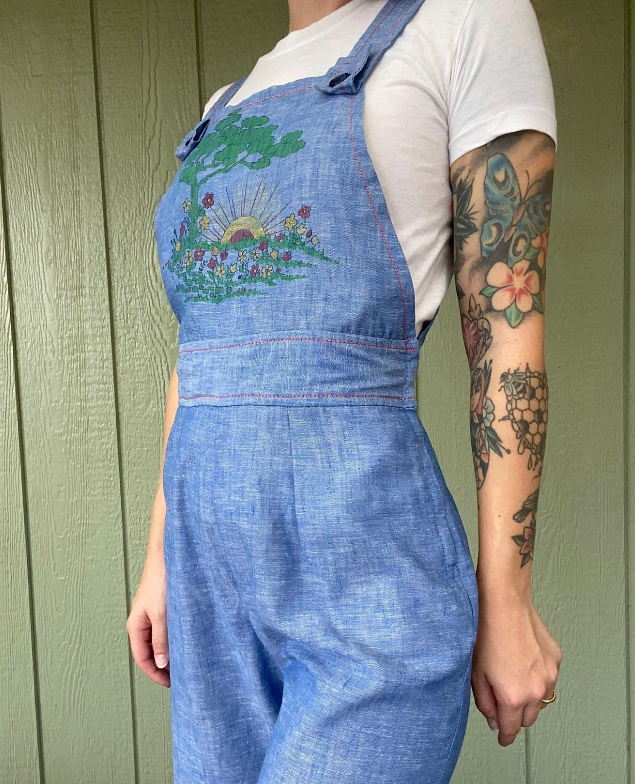 70s chambray denim overall jumpsuit 28" waist