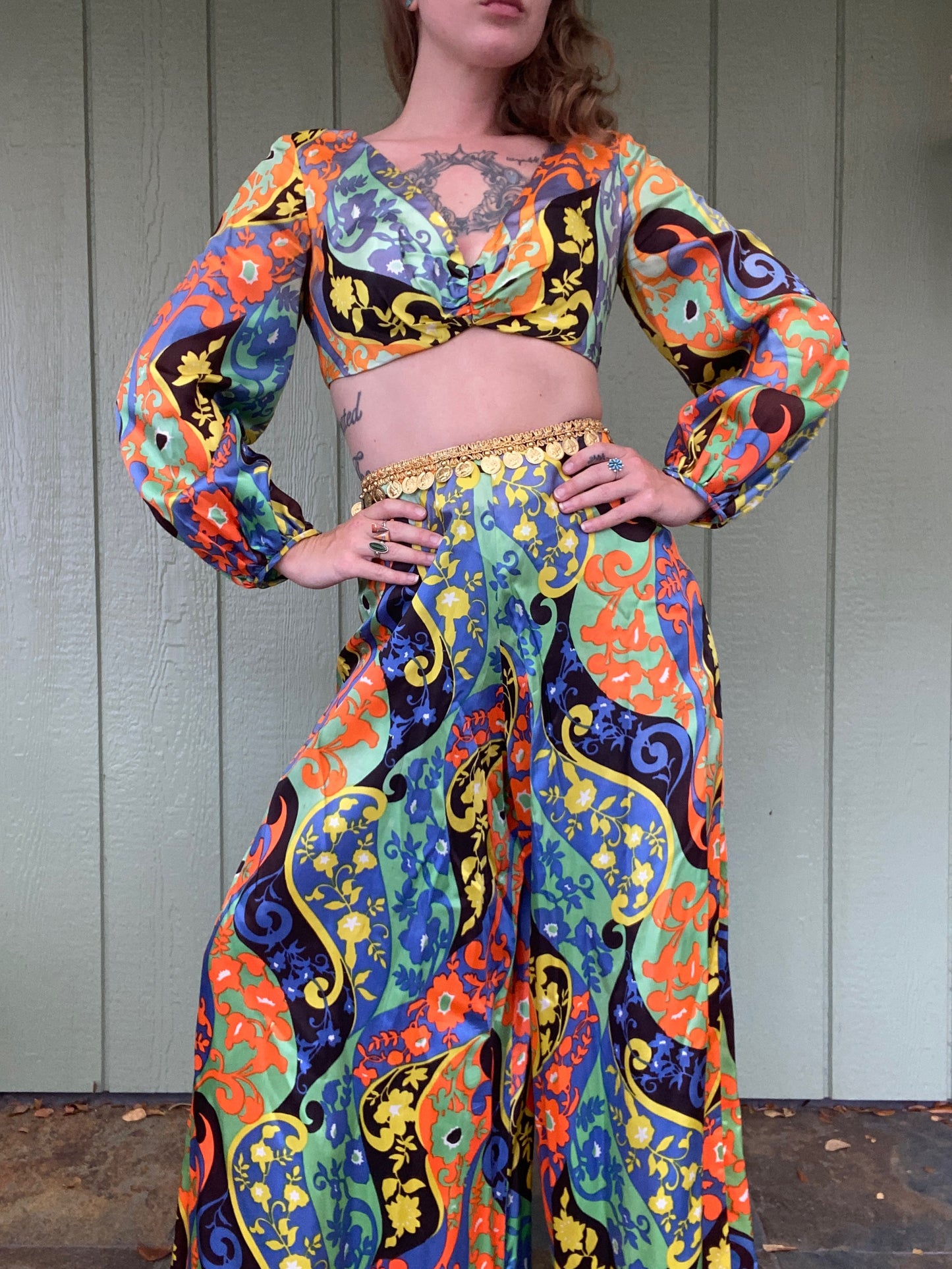 1960s Psychedelic Flower Power 2 piece Palazzo Pant Set