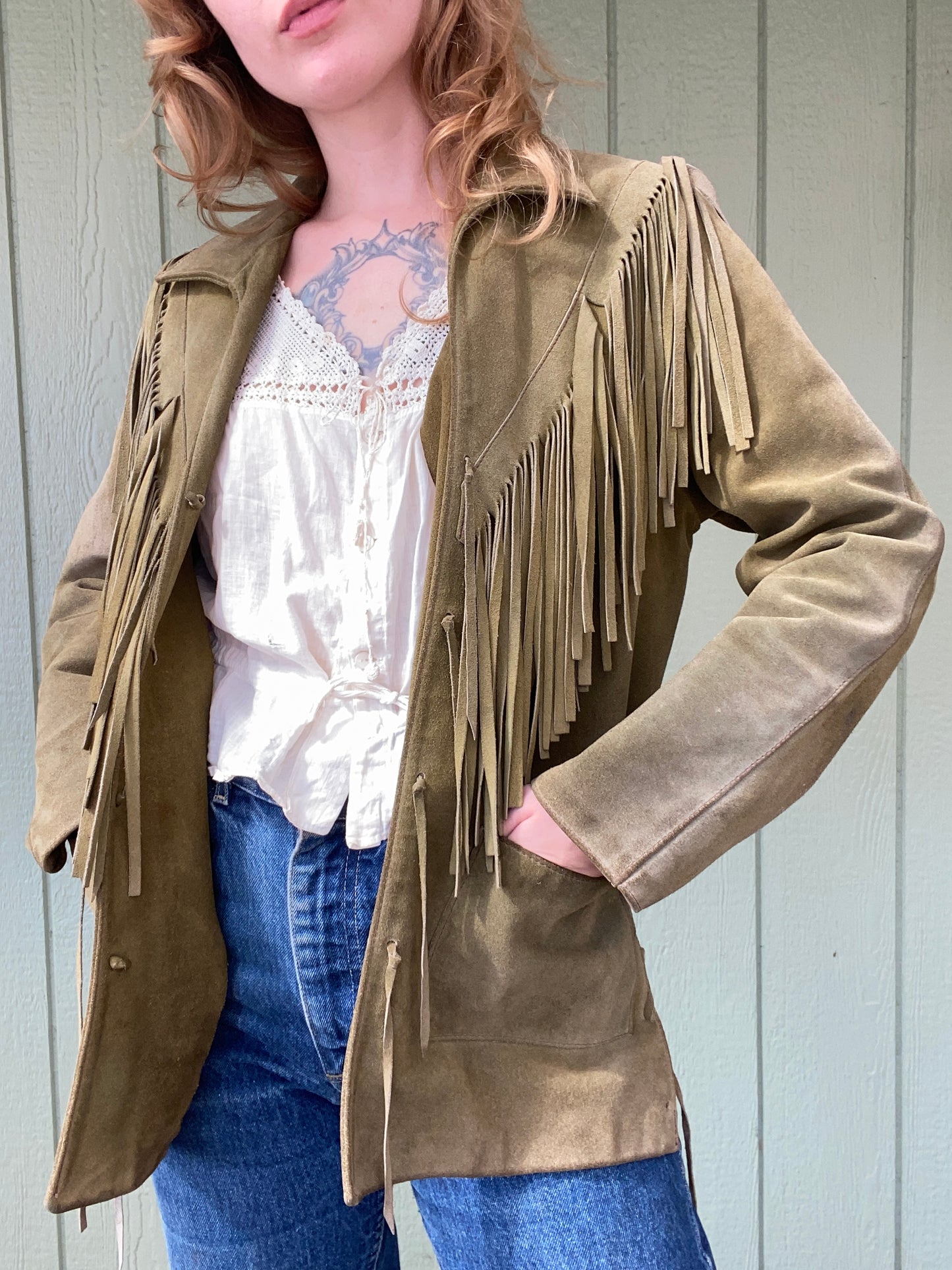 60s/70s green fringe leather suede jacket