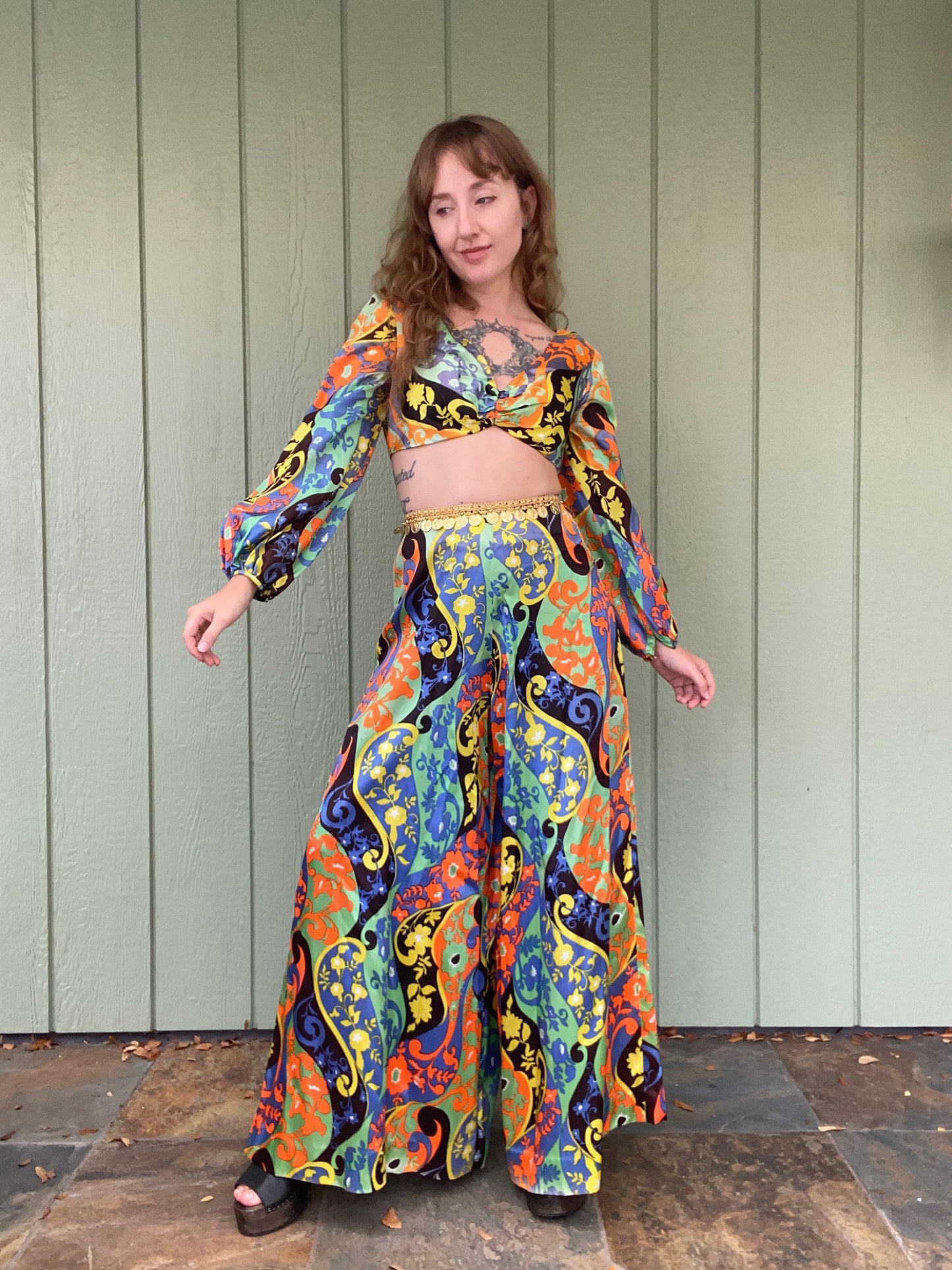 1960s Psychedelic Flower Power 2 piece Palazzo Pant Set