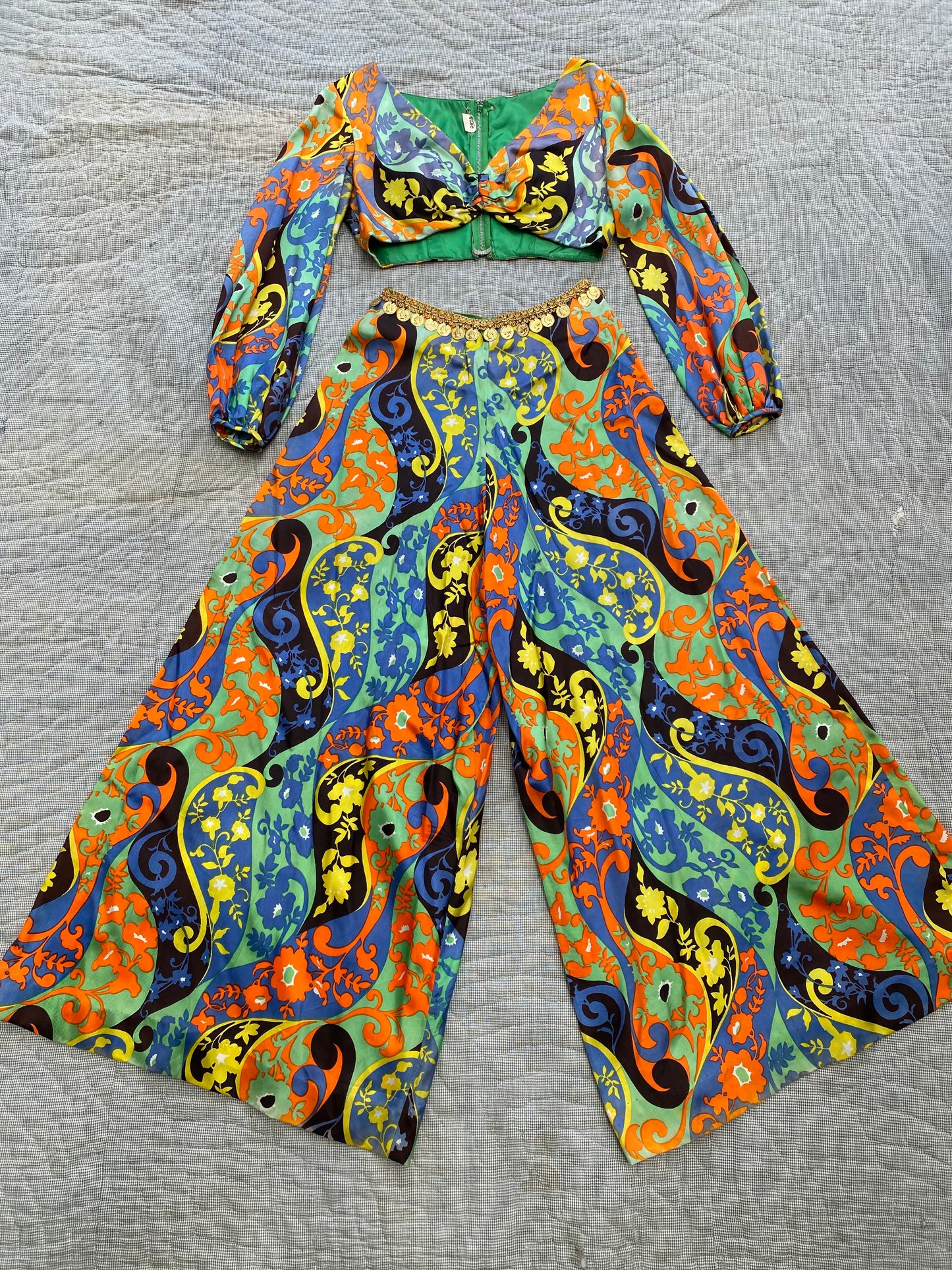 1960s Psychedelic Flower Power 2 piece Palazzo Pant Set