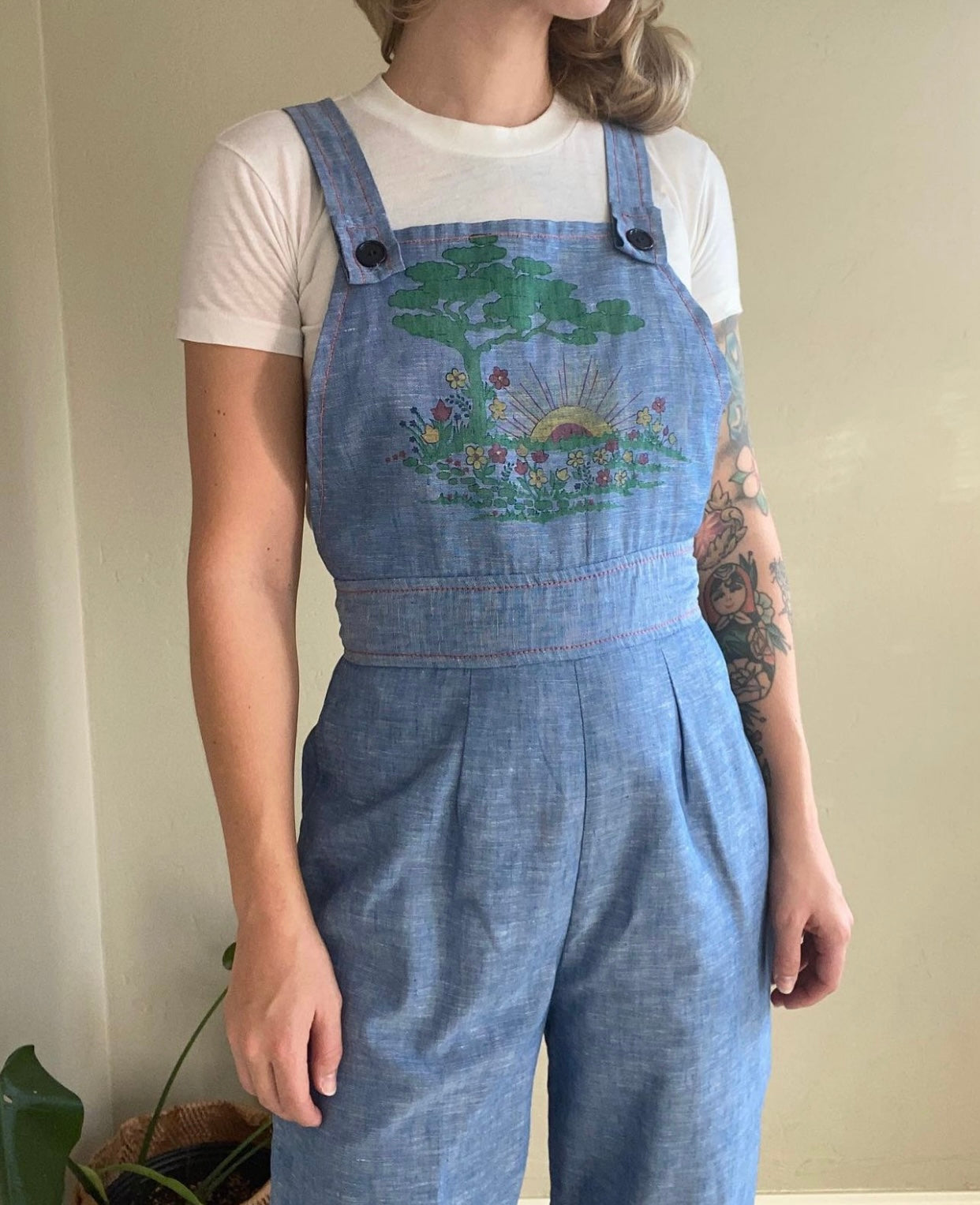 70s chambray denim overall jumpsuit 28" waist