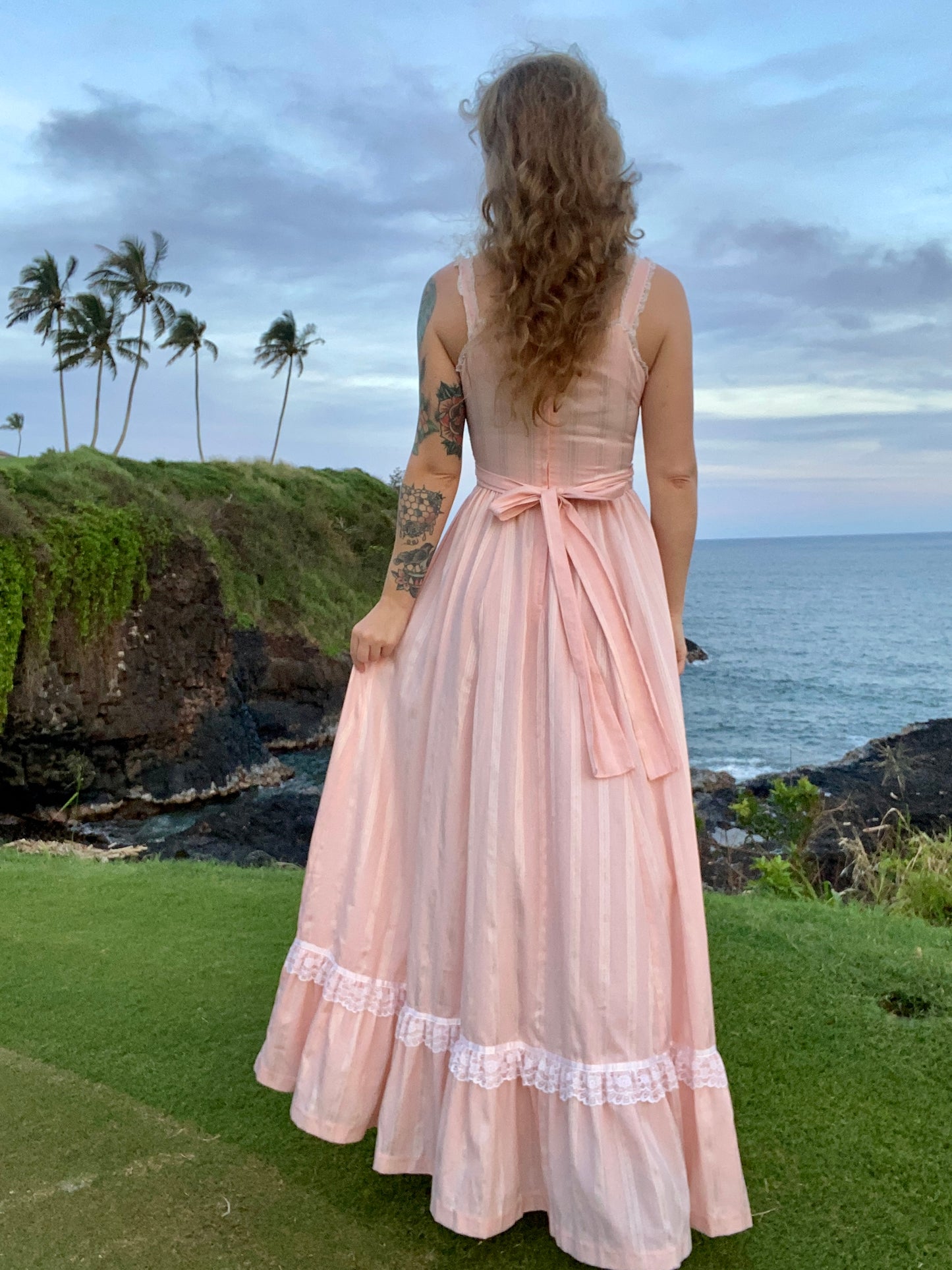 1970s Pink Striped Prairie Dress