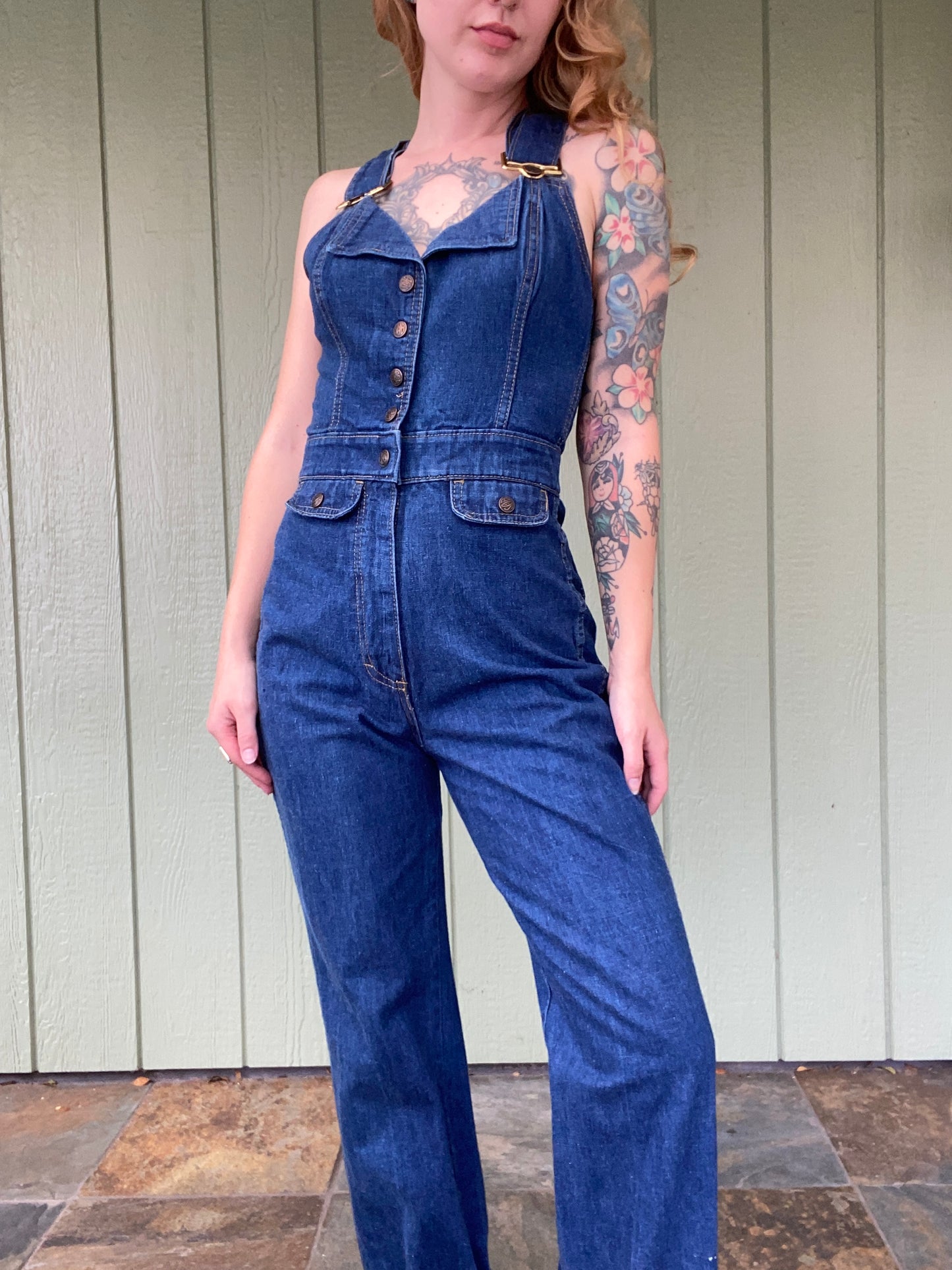 1970’s S.O.B. Denim Overall Jumpsuit Shades Of Blue size 9